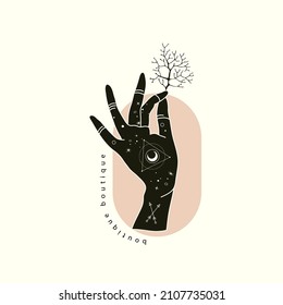 Spiritual esoteric magic logo or talisman with woman hands in silhouette style with stars, sacred geometry floral brunch. Alchemy mystic tattoo object logo