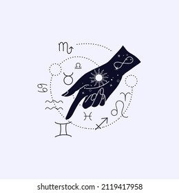 Spiritual esoteric magic logo or talisman with woman hands in silhouette style with stars, sacred geometry moon and sun. Alchemy mystic tattoo object logo template. Vector