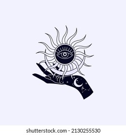 Spiritual esoteric magic logo or talisman with woman hands in silhouette style with stars, sacred geometry moon and sun. Alchemy mystic tattoo object logo template. Vector