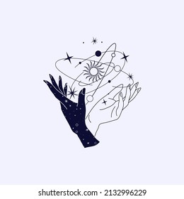 Spiritual esoteric magic logo or talisman with woman hands in silhouette style with stars, sacred geometry moon and sun. Alchemy mystic tattoo object logo template. Vector