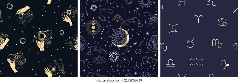 Spiritual esoteric magic logo or talisman with woman hands in silhouette style with stars, sacred geometry moon and sun. Alchemy mystic tattoo object logo template. Vector