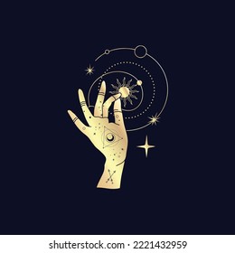 Spiritual esoteric magic logo or talisman with woman hands in silhouette style with stars, sacred geometry moon and sun. Alchemy mystic tattoo object logo template. Vector