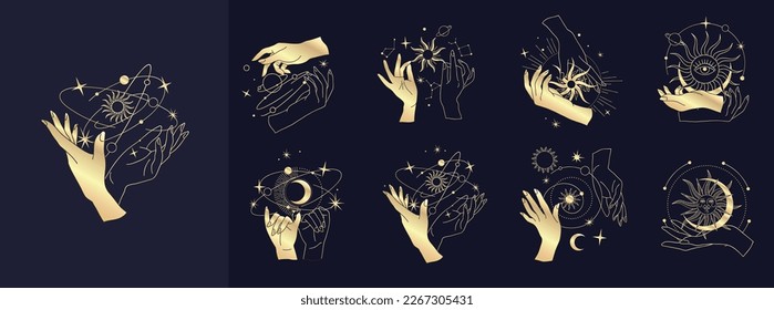 Spiritual esoteric magic logo or talisman with woman hands in silhouette style with stars, sacred geometry moon and sun. Alchemy mystic tattoo object logo template. Vector