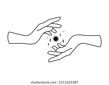 Spiritual esoteric magic logo or talisman with woman hands in silhouette style with stars. Black silhouette of woman arms isolated on white. Alchemy mystic tattoo object logo template. Sacred geometry