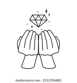 Espiritual esotérico logotipo mágico ou talismã com as mãos da mulher em estilo linear com joia. Geometria sagrada. Modelo de logotipo de objeto de tatuagem místico de alquimia. Mãos segurando diamante. Ilustração vetorial