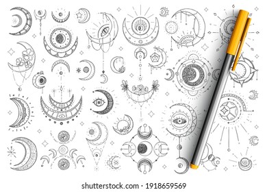 Spiritual and esoteric signs doodle set. Collection of hand drawn spiritual eyes, moons, stars and esoteric magical elements for occultism isolated on transparent background