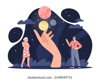 Spiritual experience concept. Man and girl in space, esoteric mysticism and intangible energy. Metaphor of mindfulness and mental health. Imagination and fantasy. Cartoon flat vector illustration