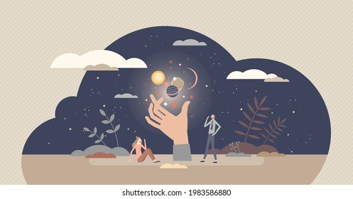 Spiritual experience and supernatural astral moment tiny person concept. Paranormal trip with magical esoteric meditation and inner energy exposure to universe and cosmos at night vector illustration.