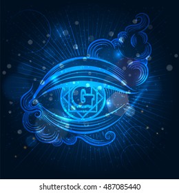 Spiritual eye on shining blue background vector illustration