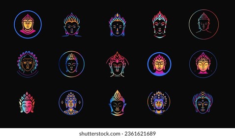 Spiritual face logo design, colorful deity silhouette. Budha and Shiva head icons set for yoga and relaxation, faith and culture. Vector logo collection.