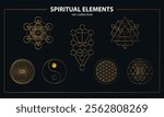 Spiritual Geometry Symbols: Metatron, Tree of life, Flower of life, Sri Yantra, Torus Yantra, Yin Yang. Spiritual yoga design elements. Golden. Illustration, vector