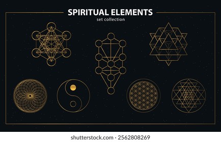 Spiritual Geometry Symbols: Metatron, Tree of life, Flower of life, Sri Yantra, Torus Yantra, Yin Yang. Spiritual yoga design elements. Golden. Illustration, vector