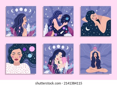 Spiritual girl, space love. dream, thought and meditation concept. vector cards collection