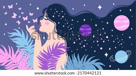 Spiritual girl, space love. dream, thought and meditation concept. vector illustration