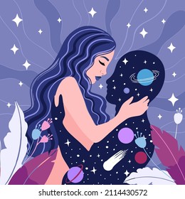 Muchacha espiritual, fusionándose con el universo, el amor espacial. concepto de sueño, pensamiento y meditación. ilustración vectorial