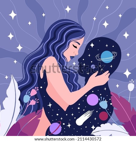 Spiritual girl,merging with the universe, space love. dream, thought and meditation concept. vector illustration