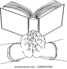 Spiritual Guidance: Sketch Illustration of Hands Holding Open Bible Book, Divine Connection: Cartoon Drawing of Two Hands Holding Big Book Illustration