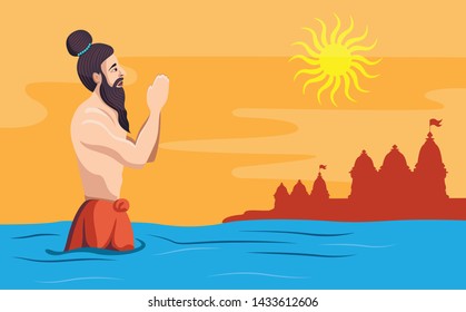 spiritual guru sadhu praying in holy river