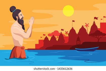 spiritual guru sadhu praying in river at varanasi