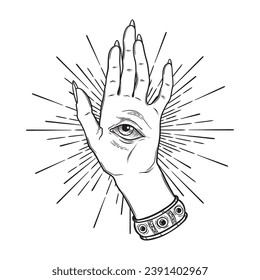 Mano espiritual con todos los ojos visibles en la palma. Diseño oculto ilustración vectorial aislada