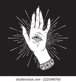 Spiritual hand with the allseeing eye on the palm. Occult design isolated vector illustration