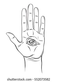 Spiritual hand with the allseeing eye on the palm. Occult design vector illustration