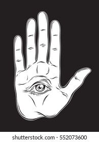 Spiritual hand with the allseeing eye on the palm. Occult design vector illustration
