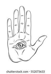 Spiritual hand with the allseeing eye on the palm. Occult design vector illustration