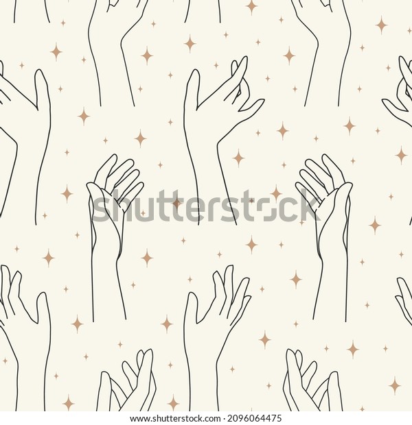 Spiritual hands pattern repeat
with cosmic stars, modern boho tarot inspired. Vector illustration
surface design for yoga, spiritual, coaches, tarot and universe
lovers.