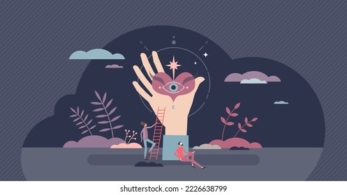 Spiritual healing energy force and holistic mind therapy tiny person concept. Mental harmony and peace with astral treatment and care vector illustration. Soul recovery after esoteric meditation.