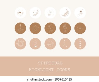 Spiritual highlight covers for social media. Esoteric and occult icons. Hands with sword, potions, moon and stars. Bohemian logo in linear style for cosmetics or beauty products, tattoo, jewelry store