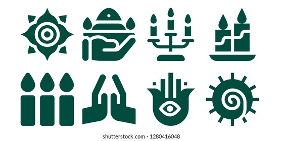  spiritual icon set. 8 filled spiritual icons. Simple modern icons about  - Candles, Chakra, Pray, Hamsa, Candle