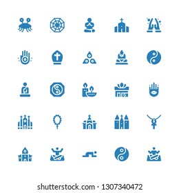 spiritual icon set. Collection of 25 filled spiritual icons included Yoga, Yin yang, Prayer, Church, Ankh, Buddhism, Candles, Buddha, Chakra, Pope, Jainism, Namaste, Chapel, Pagan