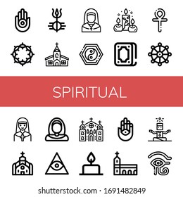 Spiritual Icon Set. Collection Of Jainism, Crown Of Thorns, Shiva, Church, Nun, Yin Yang, Candles, Fortunetelling, Ankh, Buddhism, Freemasonry, Candle, Hamsa, Monastery Icons