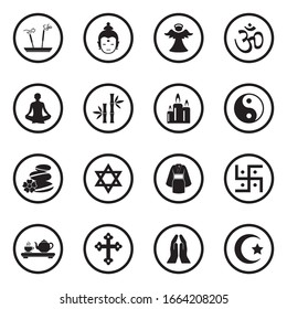 Spiritual Icons. Black Flat Design In Circle. Vector Illustration.