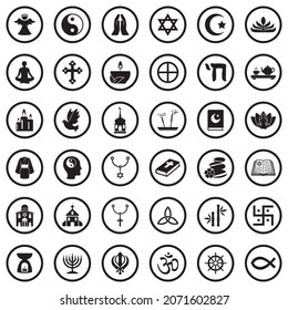 Spiritual Icons. Black Flat Design In Circle. Vector Illustration.