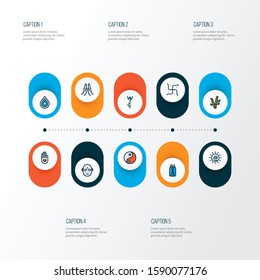 Spiritual icons colored line set with religion, prayer, peace hand elements. Isolated vector illustration spiritual icons.