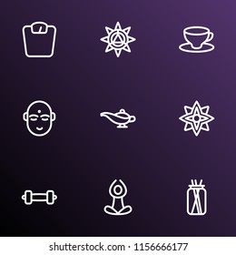Spiritual icons line style set with dumbbell, floral, lamp and other weight elements. Isolated vector illustration spiritual icons.