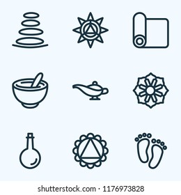 Spiritual icons line style set with spa stones, ornament, oil bottle and other ornament elements. Isolated vector illustration spiritual icons.