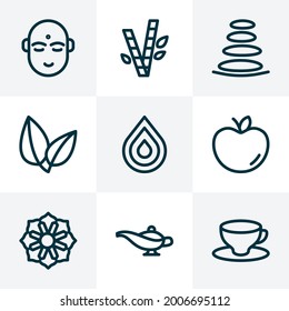 Spiritual icons line style set with mandala, spa stones, leaves coffee glass elements. Isolated vector illustration spiritual icons.