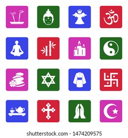 Spiritual Icons. White Flat Design In Square. Vector Illustration.