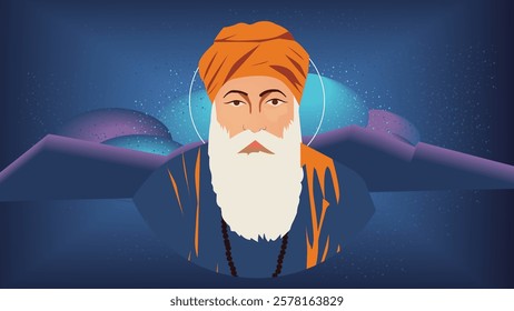 Spiritual illustration of Guru Nanak Dev Ji with a glowing aura, symbolizing wisdom, peace, and divine blessings in Sikhism, set against a cosmic background