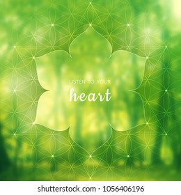 Spiritual illustration with inspirational phrase; Sacred geometry on blurred background with forest; Motifs of lotus, flower of life and yantra; Poster for yoga studio.