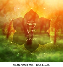 Spiritual illustration with inspirational phrase; Sacred geometry on blurred background with forest; Motifs of lotus, flower of life and yantra; Poster for yoga studio.