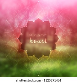 Spiritual illustration with inspirational phrase; Sacred geometry on blurred background with forest; Motifs of lotus, flower of life and yantra; Poster for yoga studio.