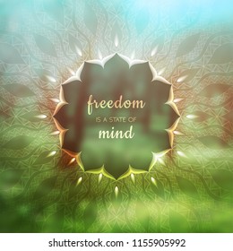 Spiritual illustration with inspirational phrase; Sacred geometry on blurred background with forest; Motifs of lotus, mandala and yantra; Poster for yoga studio.