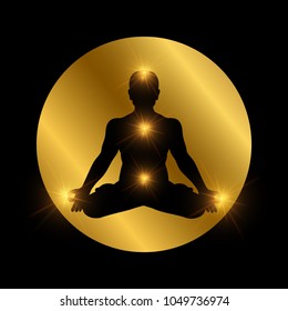 Spiritual indian chakra symbol. Meditation man silhouette with shiny elements. Vector body silhouette in lotus pose illustration
