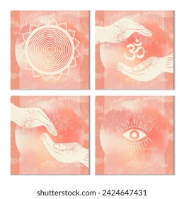 A spiritual journey with the set of 4 posters - mandala, connecting hands, Om symbol, and awaken eye, set against a serene peach rose pastel gradient fuzzy background. Vector illustration format.