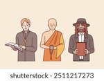 Spiritual leaders from different religious movements, dressed as catholic and buddhist or jewish. Several spiritual leaders demonstrate unity and readiness for joint interreligious activities