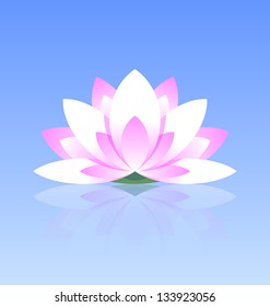 Spiritual lotus flower icon on calm water surface with reflection